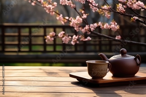Some tea sets are placed on the outdoor countertop