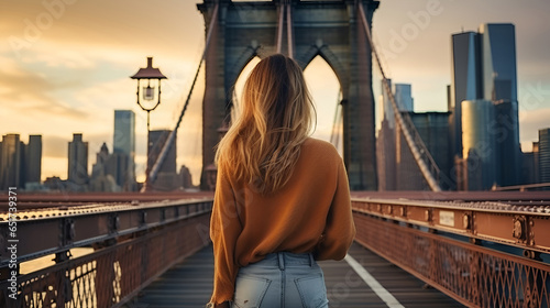 A tall attractive girl in beautiful fashionable jeans walks along the Brooklyn Bridge during the day, in a happy mood and with a beautiful figure. Back view.