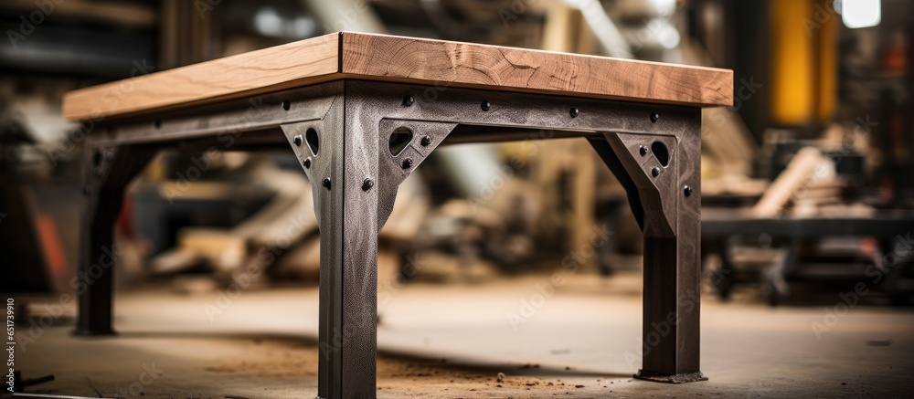 Close up view of solid oak wooden leg and metal table frame being manufactured for dining table in workshop