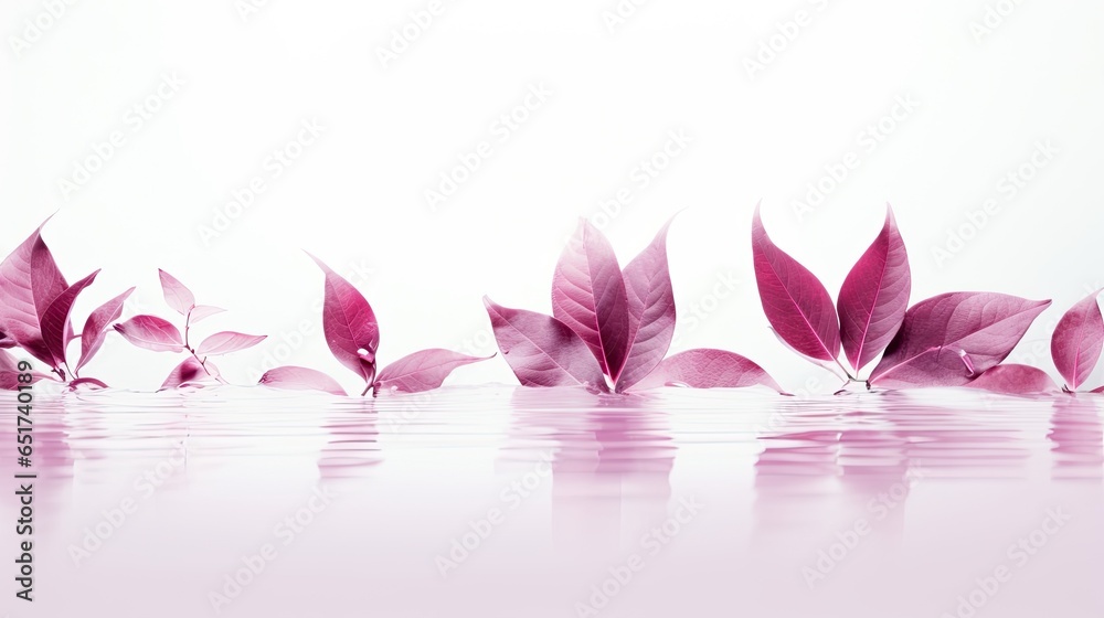isolated leaves reflections on calm water with white background and copy space isolated leaves reflections on calm water with white background and copy space