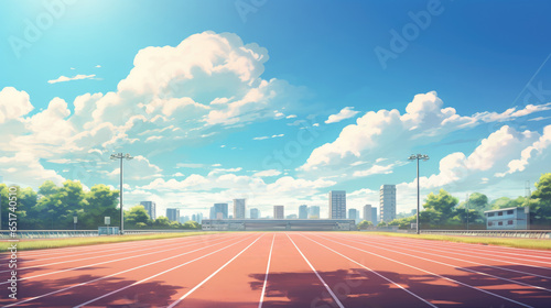 Anime style illustration of a high school running track on a sunny day