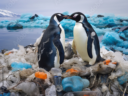 Two penguins on a plastic waste  pollution concept