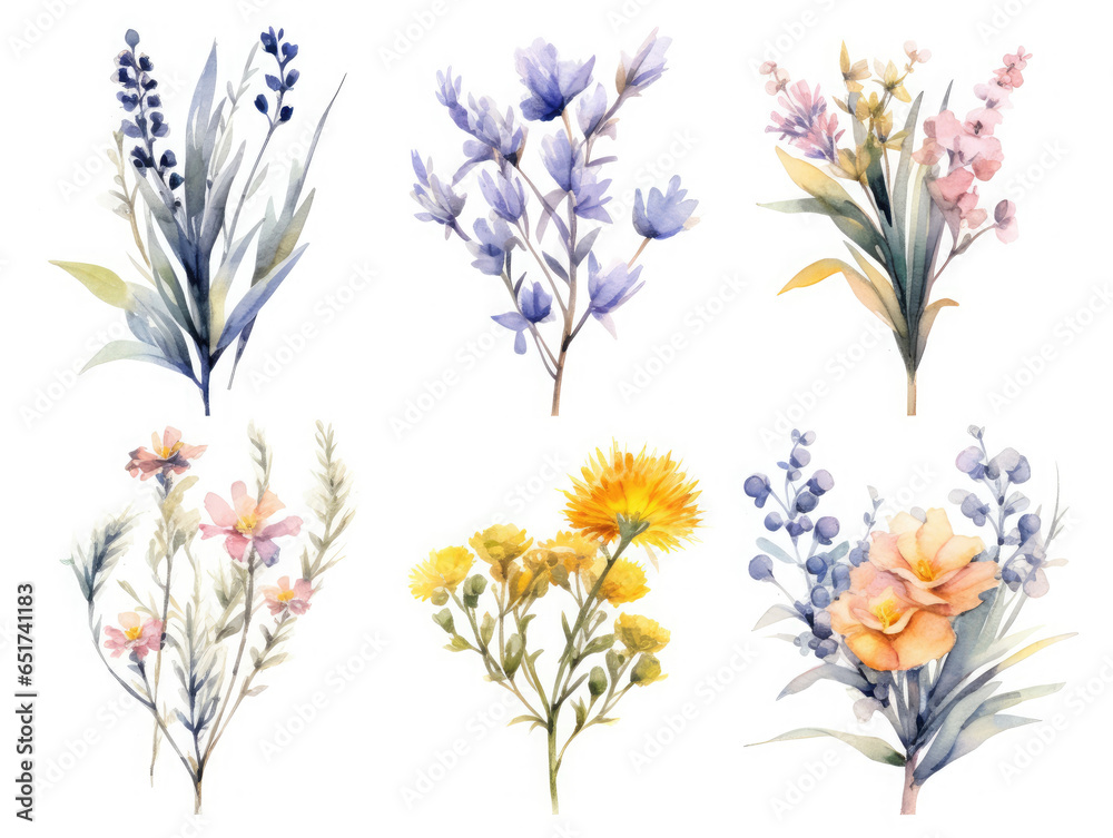 Set of Watercolor bridal wild flowers isolated on white background, AI Generated
