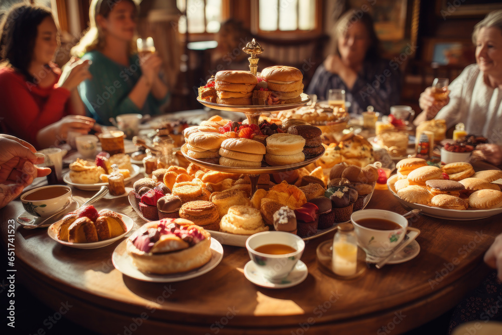 A gathering of friends enjoying a traditional British afternoon tea, emphasizing the role of tea in British culture. Generative Ai.