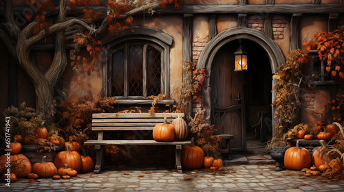 Charming brick vintage cottage with autumn colors and a Halloween. ai generative