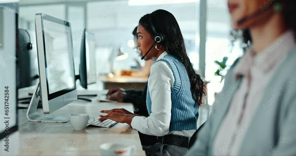 Business people, call center office and computer communication, customer service and website support. Team of women or consultant agency speaking, helping on desktop and e commerce software solution