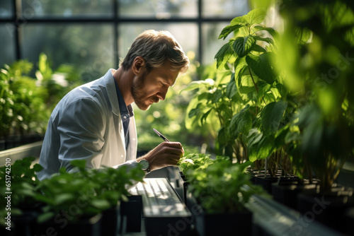 A scientist examining plant samples in a greenhouse, contributing to agricultural advancements. Generative Ai.
