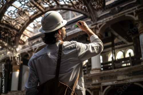 An architect inspecting the structural integrity of a heritage building before restoration. Generative Ai.