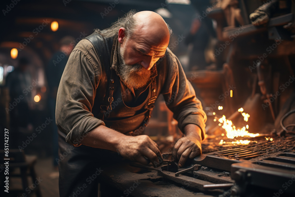 A blacksmith recreating historical weaponry in a living history museum. Generative Ai. A blacksmith recreating historical weaponry in a living history museum. Generative Ai.
