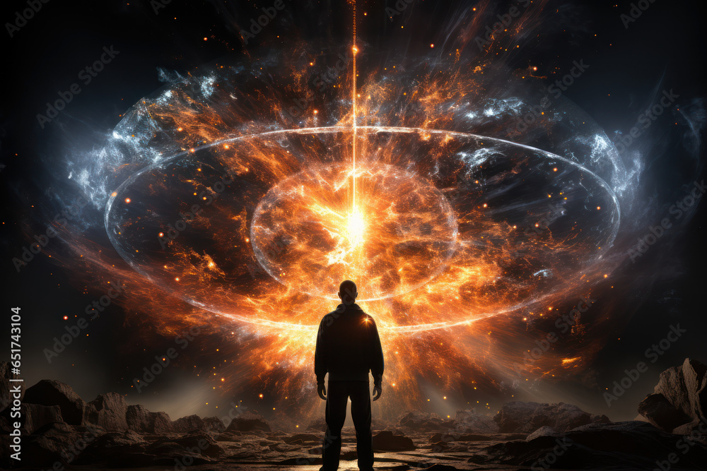 An artist's rendering of the Big Bang, symbolizing the birth of the universe and the expansion of space and time. Generative Ai. An artist's rendering of the Big Bang, symbolizing the birth of the universe and the expansion of space and time. Generative Ai.