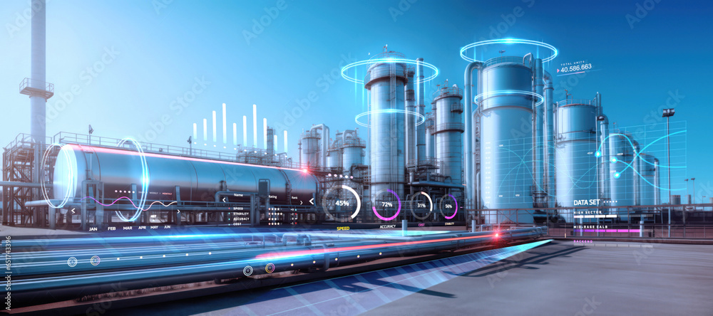 oil and gas power plant refinery with storage tanks facility for oil production or petrochemical factory infrastructure and oil demand price chart concepts as wide banner with copy space - obrazy, fototapety, plakaty 