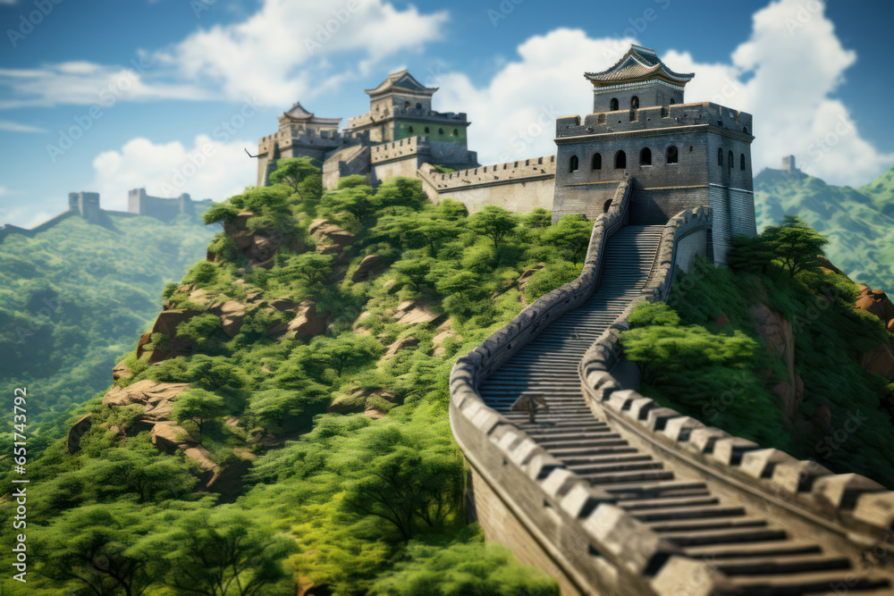 The Great Wall of China snaking through rugged terrain, a testament to the engineering prowess of ancient China. Generative Ai.