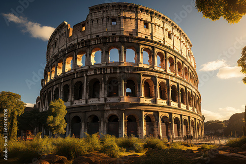 A majestic Roman colosseum bathed in the warm glow of the setting sun, a testament to the grandeur of ancient architecture. Generative Ai.