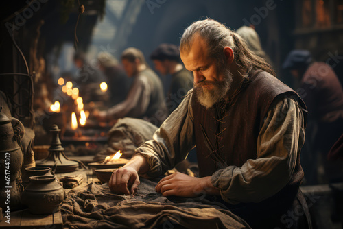 A medieval guild of craftsmen, honing their skills in metalwork, weaving, and other trades. Generative Ai.