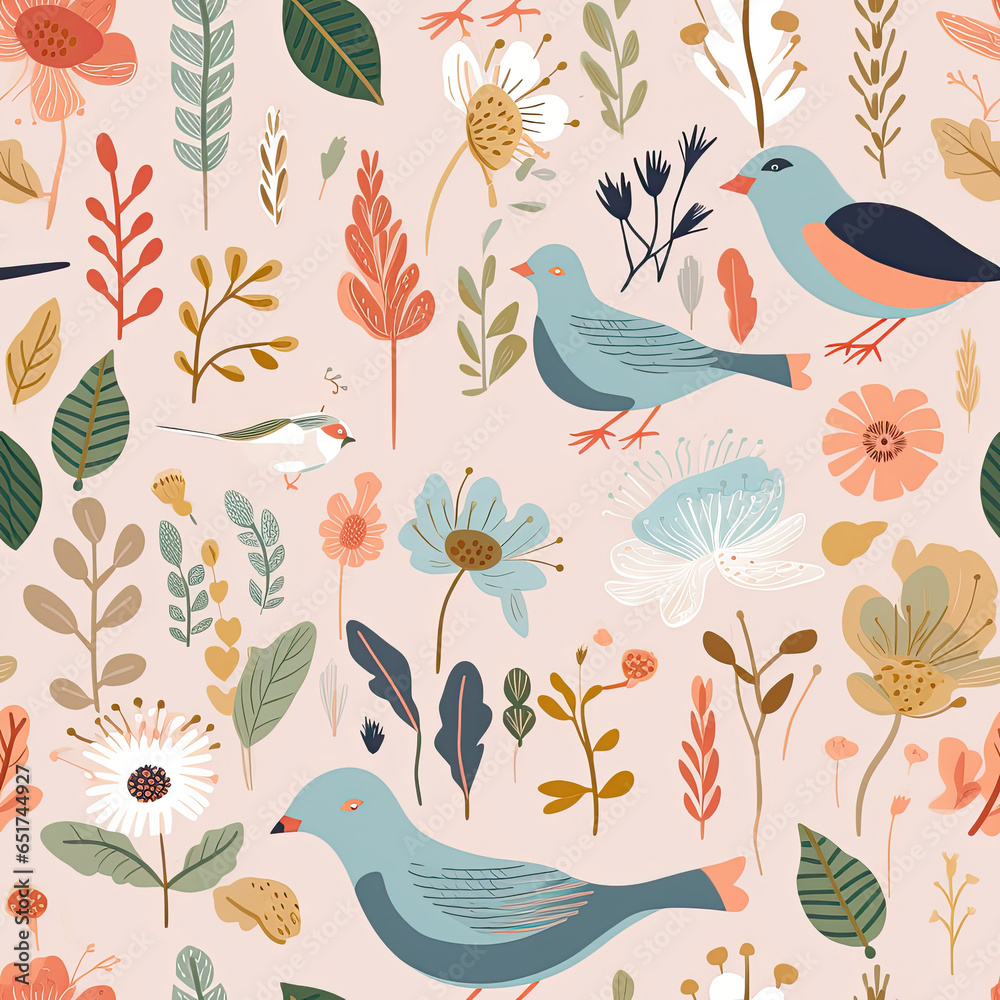 Fototapeta premium Nature Serenade A calming and soothing pattern with elements like birds, leaves, and soft colors vector art AI Generated