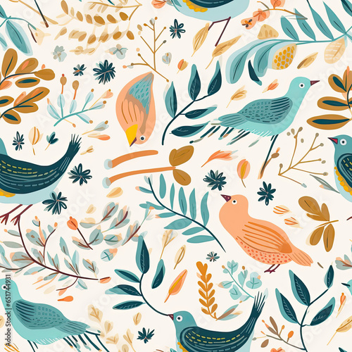 Nature Serenade A calming and soothing pattern with elements like birds, leaves, and soft colors vector art AI Generated