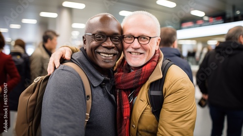 Gay Adult Couple Hugging at the Airport, Diversity of Cultures, Ready to Travel