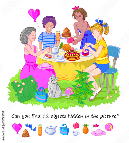 Can you find 12 objects hidden in the picture? Logic puzzle game for children and adults. Illustration of happy children celebrating a birthday. Educational page for kids. Flat cartoon vector.