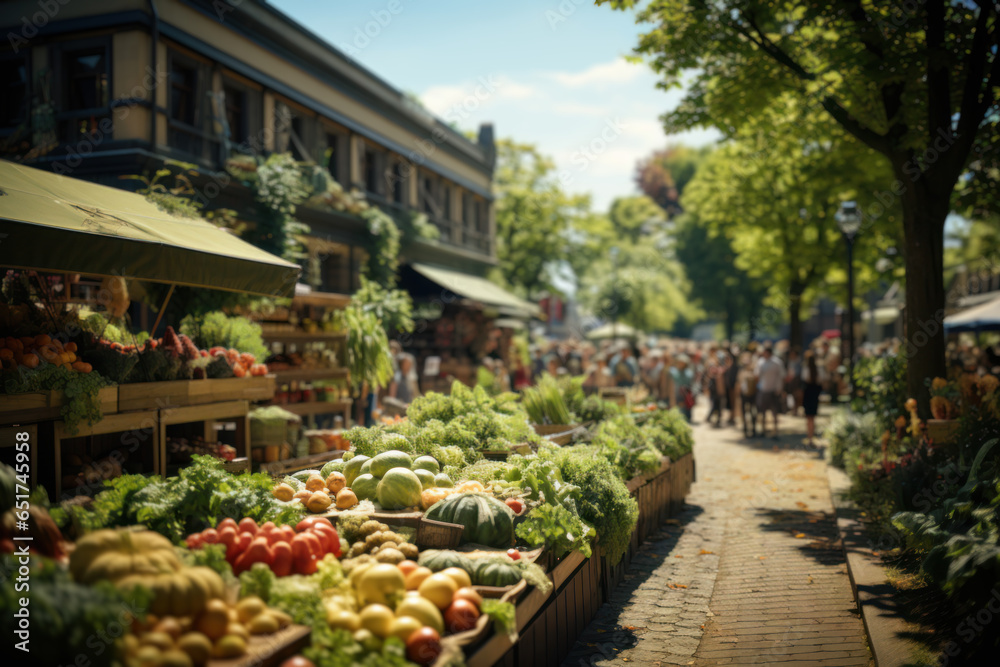 A vibrant farmer's market with stalls brimming with fresh produce and artisanal goods. Generative Ai.