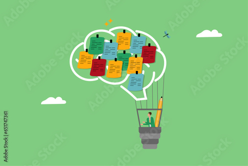 Ideation, brainstorming to gather new ideas, effective meeting discussion, team collaboration, finding solutions, scrum, brain-shaped idea balloon moving in the sky