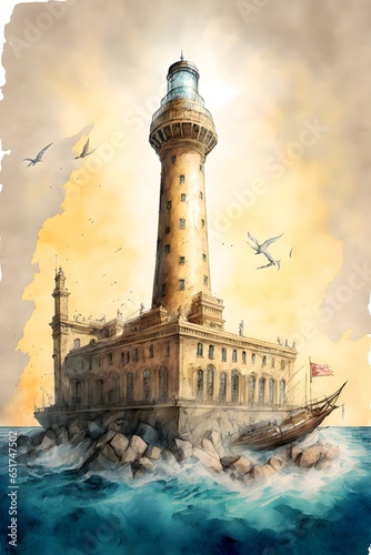 full image watercolor art of the Lighthouse Of Alexandria 