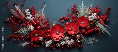 Christmas themed arrangement of firs and flowers New Year s wreath and bouquet Festive greetings