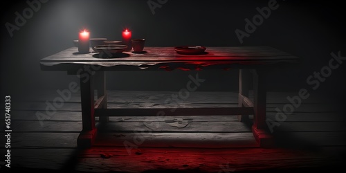 dark rustic table for product photography scene realistic wood dark grey woods red accent light not in the scene background is a dark mystic blacks 8k beautiful mock up background hyperrealist  photo