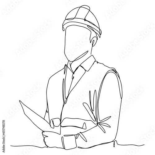 Single line illustration of a male architect, engineer or contractor. Illustration with black line on isolated white background.