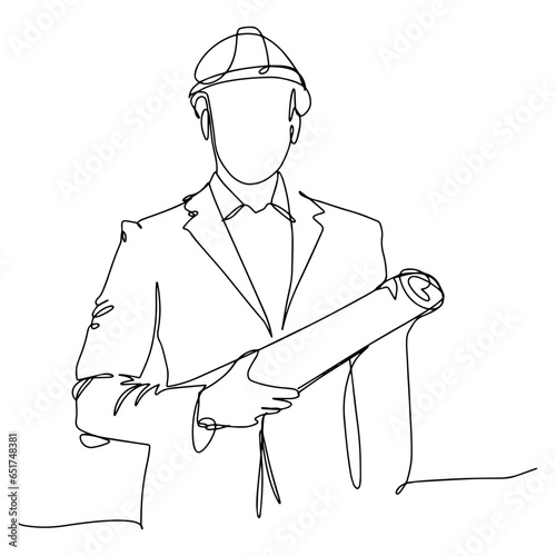 Single line illustration of a male architect, engineer or contractor. Illustration with black line on isolated white background.