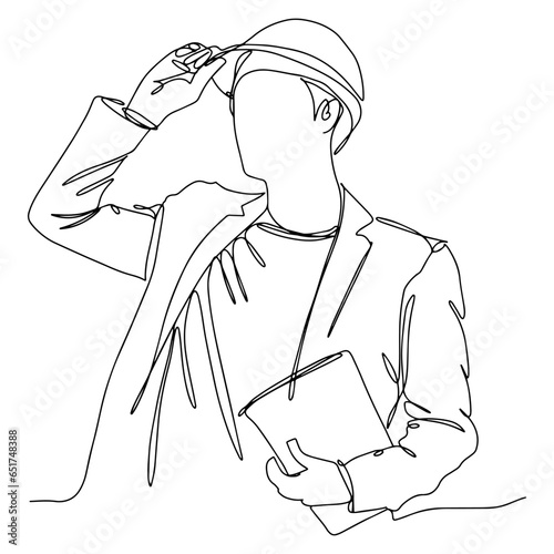 Single line illustration of a male architect, engineer or contractor. Illustration with black line on isolated white background.