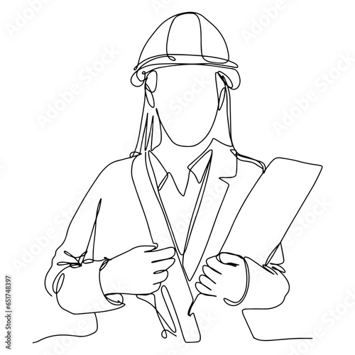 Single line illustration of a female architect, engineer or contractor. Illustration with black line on isolated white background.