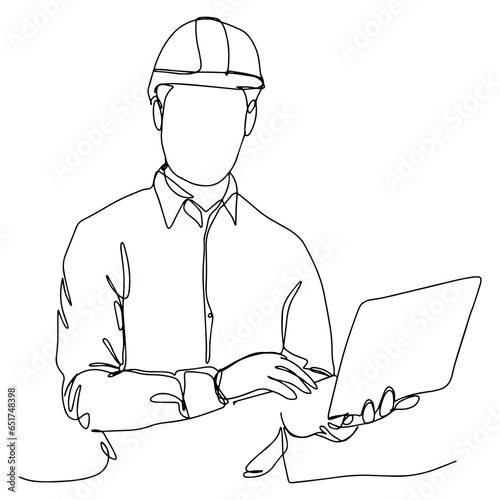 Single line illustration of a male architect, engineer or contractor. Illustration with black line on isolated white background.