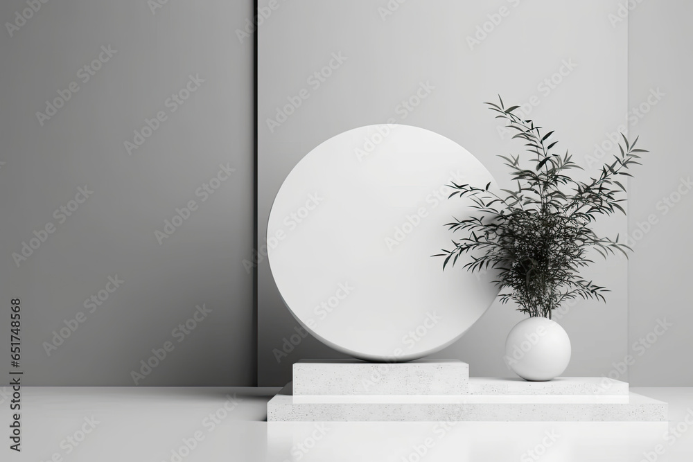 Fototapeta premium white round podium with a plant in it and a white vase with a green plant