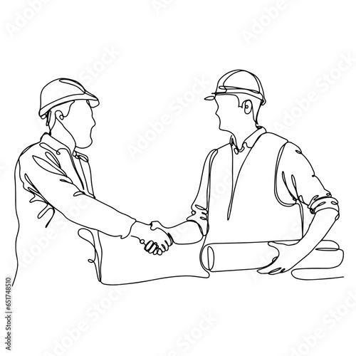 A single line illustration of two male architects, engineers or contractors talking about the project. Illustration with black line on isolated white background.