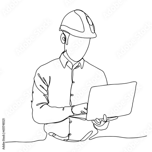 Single line illustration of a male architect, engineer or contractor. Illustration with black line on isolated white background.