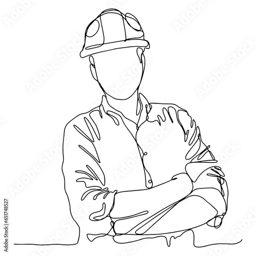 Single line illustration of a male architect, engineer or contractor. Illustration with black line on isolated white background.