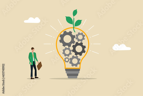 Optimizing the system, managing the members and the project, finally achieving increased productivity and self-actualization, the lamp consisting of gears that the green plant has given