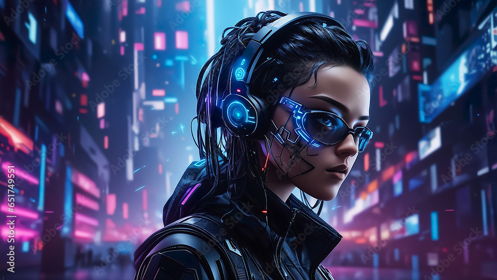 portrait of a beautiful cyberpunk girl in a futuristic cyber city 