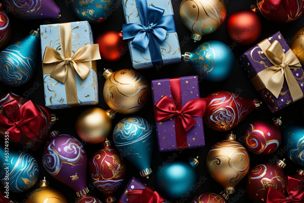 Top view of colorful collection of Christmas gift boxes. Happy New Year background concept Top view of colorful collection of Christmas gift boxes. Happy New Year background concept