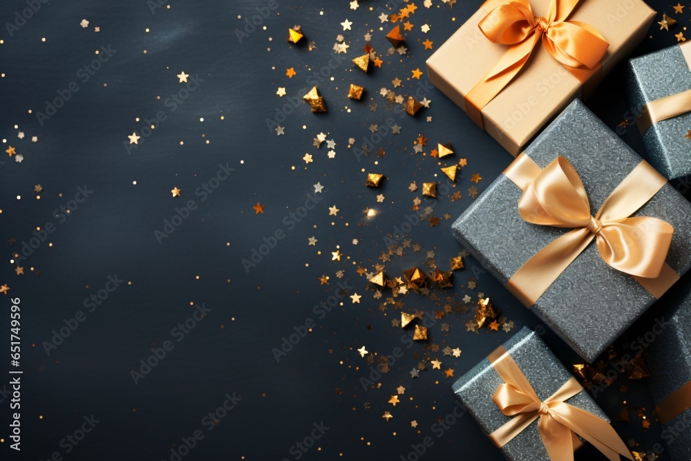 Top view of colorful collection of Christmas gift boxes. New Year background concept with copy space Top view of colorful collection of Christmas gift boxes. New Year background concept with copy space