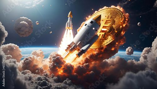 Bitcoin rocket flying over the earth to the moon