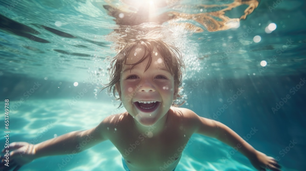Cute smiling boy having fun swimming and diving in the pool at the resort on summer vacation. Sun shines under water and sparkling water reflection. Activities and sports to happy kid..