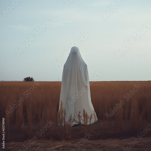 Halloween ghost standing in empty field