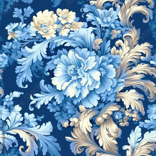 Traditional illustration of rococo seamless pattern, AI Generated