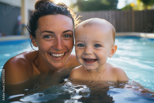 Young mother and her baby are swimming in a pool, smiling, lifestyle photoshoot