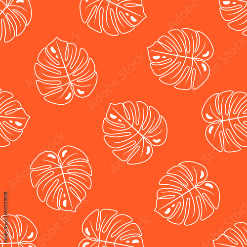 Vector hand drawn outline monstera leaves seamless pattern background