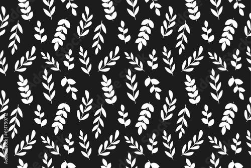 Floral seamless pattern with white leaf  leaves on black background for fabric