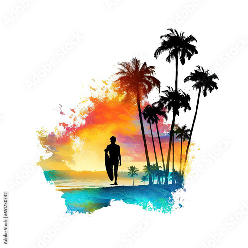 Surfer walking silhouette top of tropical beach white background  colorful vibrant AI Generated
