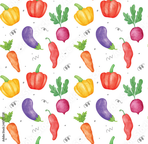 Colorful Organic Vegetable Illustration texture Watercolor Seamless Pattern Background. illustration is ideal for menus, wallpaper, and culinary themed projects.
