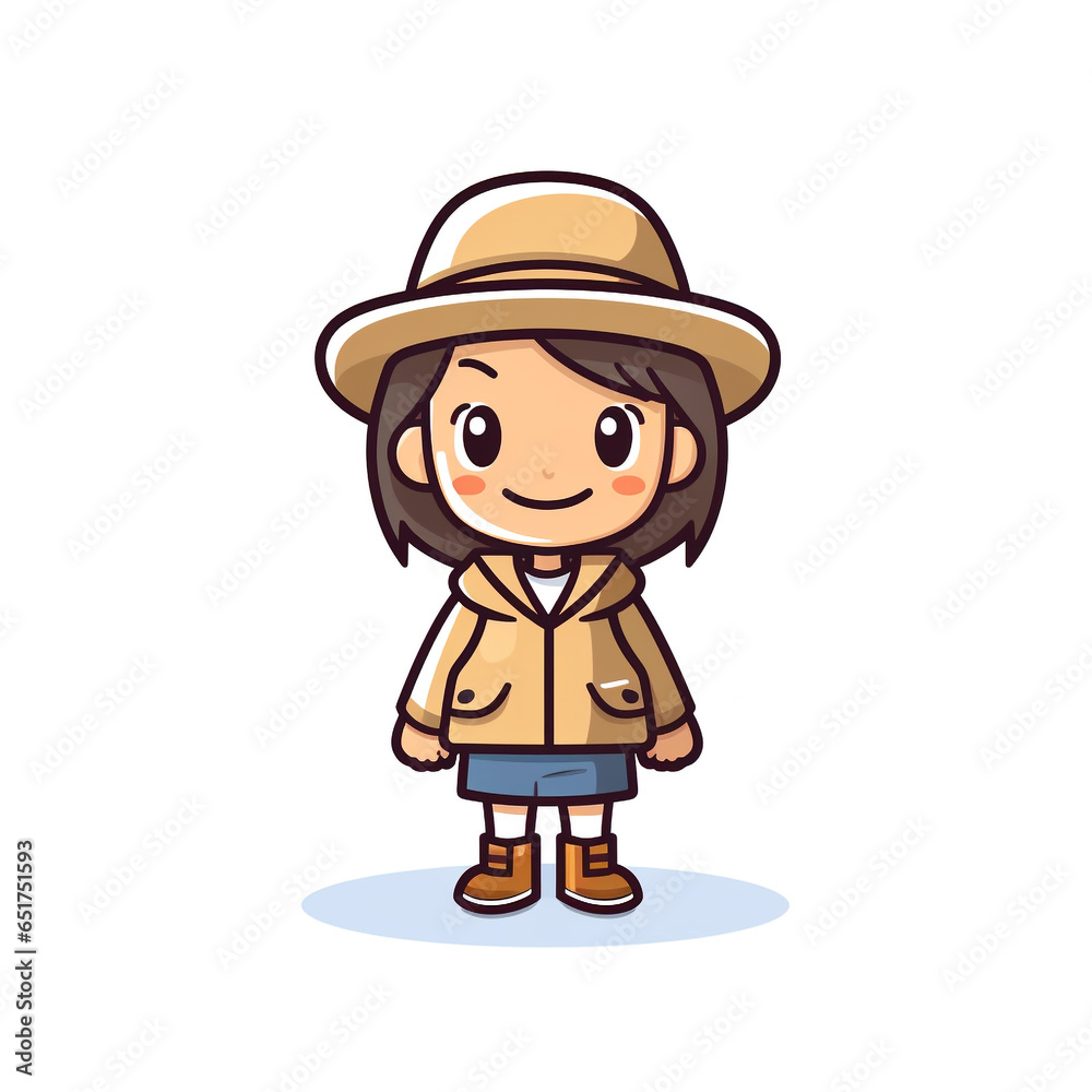 A cute little kid cartoon wearing a hat for explorer isolated on white background. Watercolor illustration.